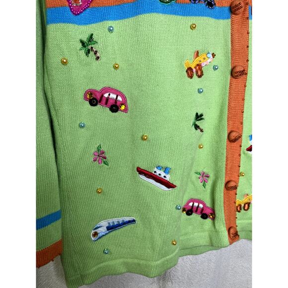 1990s Berek Lime Green World Travel Fashion Glam Maximalist Tourist Cardigan S - Picture 5 of 8